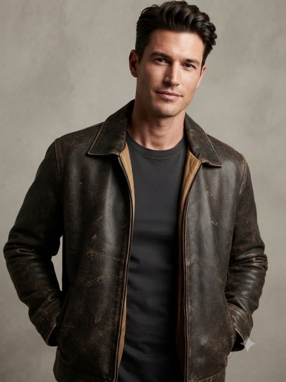 Men's Brown Distressed Leather Bomber Jacket